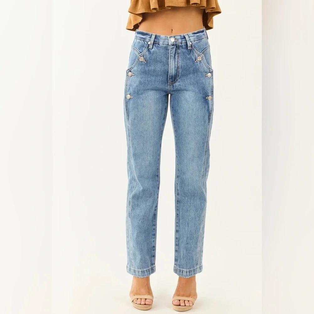 NWT Saige Denim Button Detail Side Panel Tummy Control Straight Leg Denim Jeans - Picture 6 of 11
